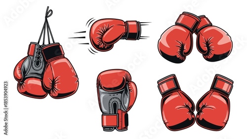 Vibrant red boxing gloves in dynamic poses for sports concepts