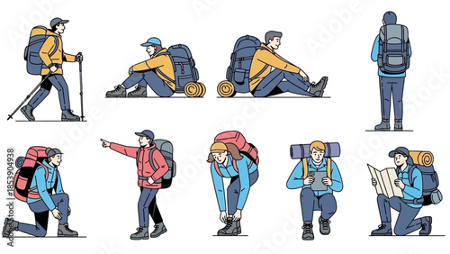 Hikers in various poses with backpacks and gear on white background