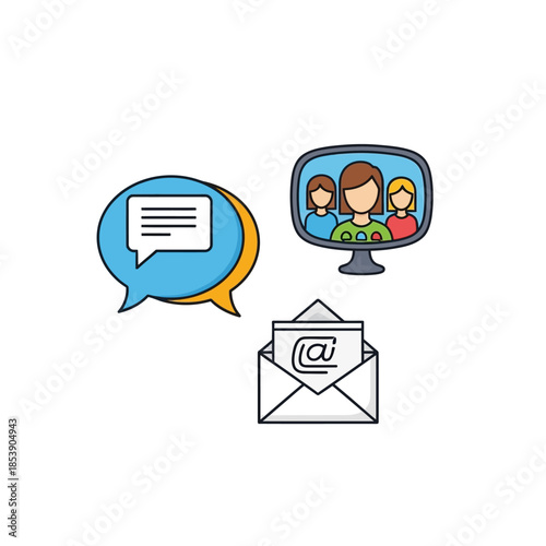 Digital Communication Methods Illustration: Chat, Video Calls, and Email Messaging Concepts