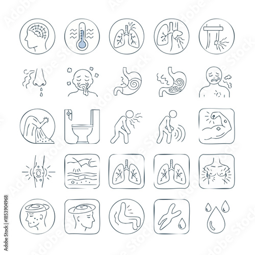 A comprehensive collection of hand-drawn line art icons illustrating various human illnesses, common symptoms, and medical conditions for health-related content.