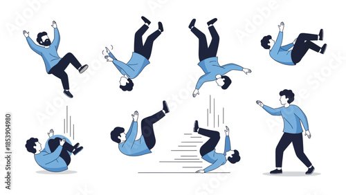 Man falling down in various positions with dynamic movements