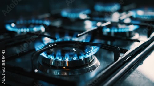 Gas burner flames on stove close up