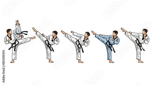 Martial arts instructors demonstrating dynamic kicking techniques in dojo