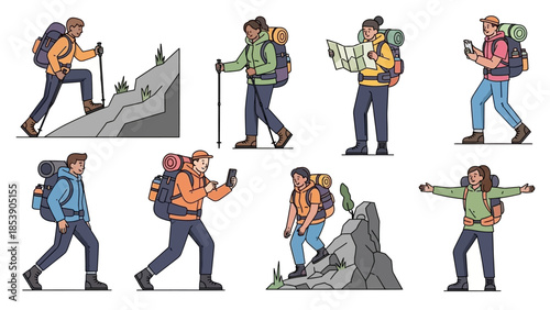 Hikers with backpacks and trekking poles in various outdoor activities