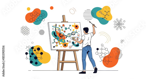 The artist is immersed in the creation of a science-inspired abstract artwork on canvas