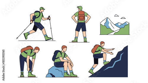 Hiker climbing mountain with backpack and trekking poles in scenic landscape