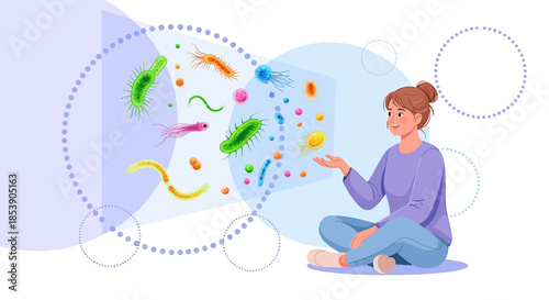The science of bacteria and microorganisms exploration, illustration of scientific research on