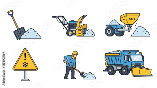 Snow removal equipment and worker in action clearing winter roads