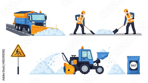 Snow removal workers and equipment in action during winter