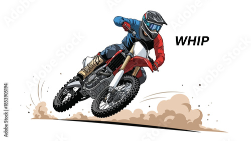 Professional motocross rider performing dynamic stunt on red dirt bike