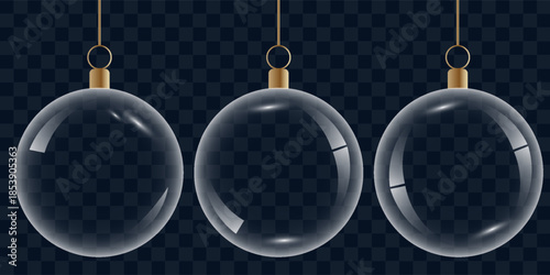 Glass bauble set. 3D transparent Christmas balls hanging for Christmas and New Year celebrations. vector illustrations