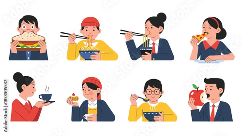 A diverse group of people enjoying various foods and drinks in a colorful illustration