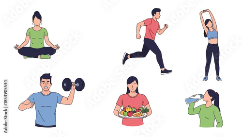 A group of people engaging in various fitness and wellness activities