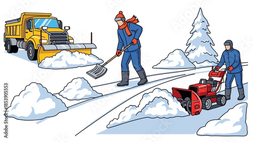 Two workers clearing snow from a road with a shovel and snow blower