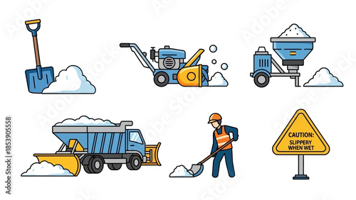 A collection of winter maintenance equipment and warning signs for safety
