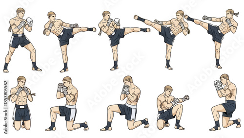 An illustration of a man demonstrating various martial arts kicks and punches