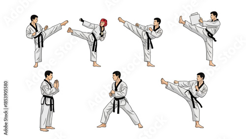 A group of people practicing various martial arts poses and techniques together