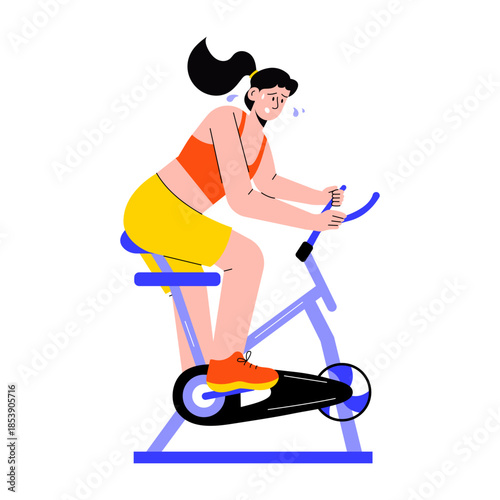 Flat style illustration showing a person doing workout on stationery bike