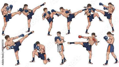 A cartoon illustration of a man performing various kickboxing poses and movements