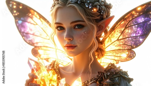 Fairytale Elf Woman with Glittering Wings Holding Crystal