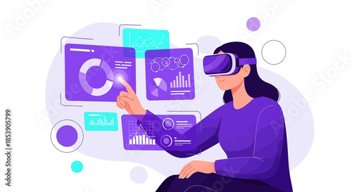 Woman analyzing data with VR headset showcasing immersive analytics environment