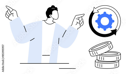 Business strategy, financial growth, investment planning, economic development, innovation, decision making. Person pointing at gear and stacked coins. Business strategy and financial growth concept