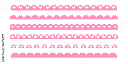 Scalloped edge pink lace border, cute textile frill stripe. scalloped border, frame, pattern isolated. Zigzag edge border, cutout decoration line frame collection