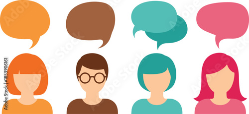 Vector Illustration of Diverse People Avatars with Colorful Blank Speech Bubbles Representing Public Opinion and Social Communication