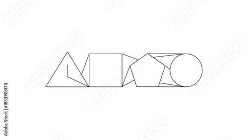Abstract geometric composition of interconnected polygons and a circle on a white background