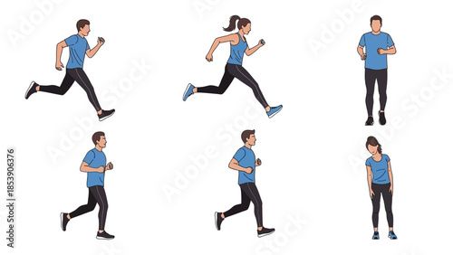 A fit man and woman running and exercising in various poses