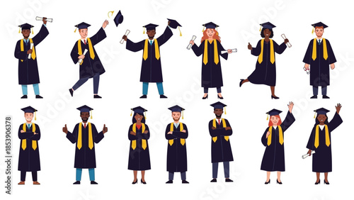 A group of diverse graduates celebrating in caps and gowns