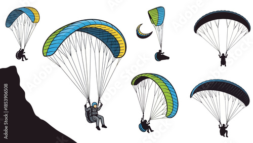 A group of people paragliding in the air with colorful parachutes