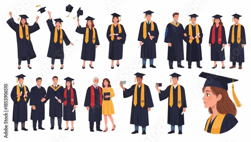 A group of diverse graduates in caps and gowns celebrating their achievement