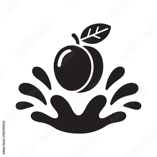 A simple black and white illustration of an apple with juice splashes