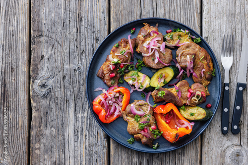 Grilled pork neck chunks with roasted veggies