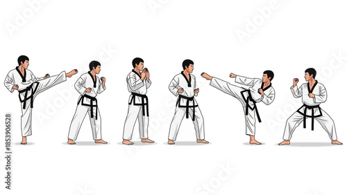 A martial artist demonstrating various taekwondo kicking techniques in a uniform
