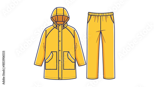 A vibrant yellow rain suit with a hood and matching pants
