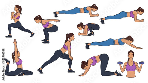 A woman in various exercise poses with dumbbells and in workout attire