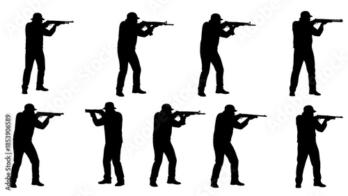 A collection of silhouettes of a man aiming a gun in various positions