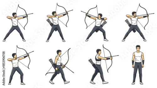 An archer demonstrates various shooting poses and techniques with a bow