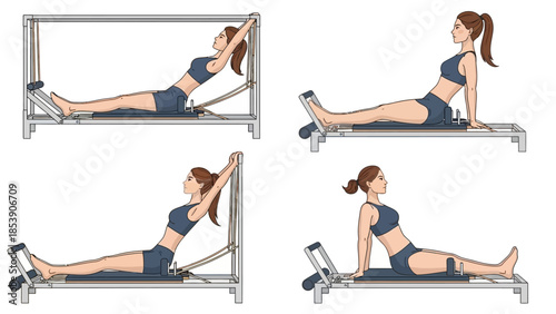 A woman performing various pilates exercises on a reformer machine