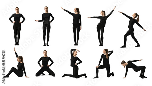 A woman in black clothing poses in various dance positions on a white background