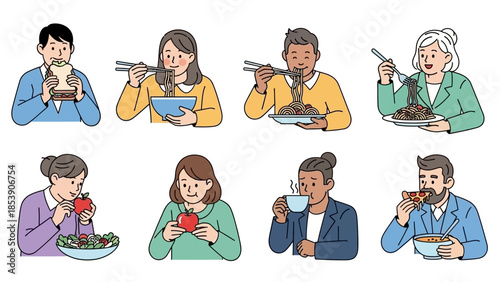 A diverse group of people eating various foods in different settings