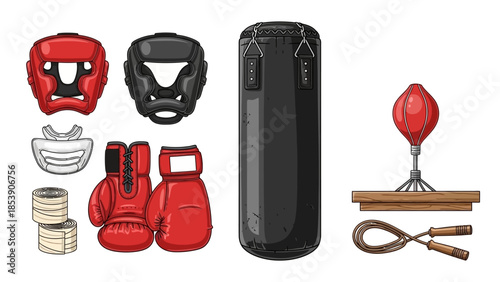 A collection of boxing equipment on a white background
