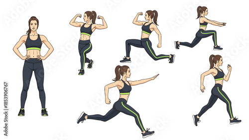 A fit woman in various exercise poses in a modern gym setting
