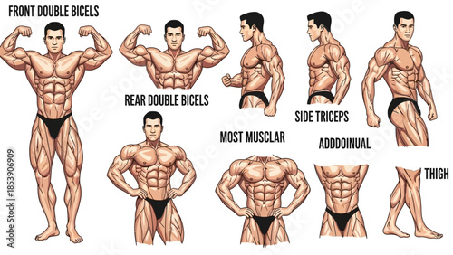 An illustration of a muscular man in various poses highlighting different muscle groups