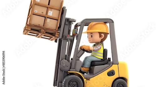 Cartoon Warehouse Worker Driving Forklift Moving Boxes Isolated on White Illustration.