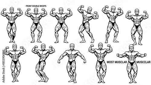 A muscular man posing in various bodybuilding positions on a white background