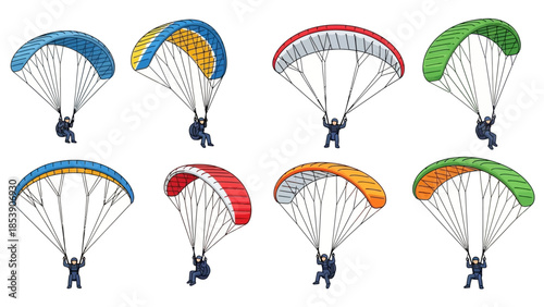 A group of colorful parachutes with people flying in the air