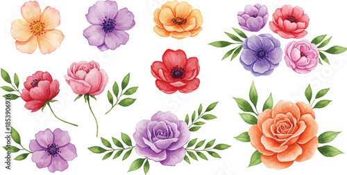 Vibrant floral arrangement of roses and peonies with lush green leaves on a clean display